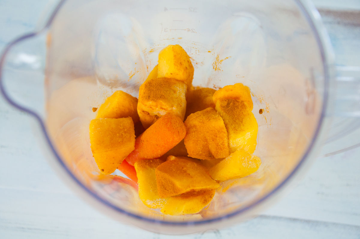 Smoothie dry ingredients in a blender before blending