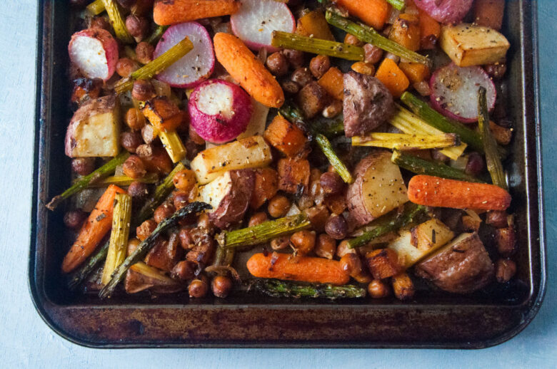 Spring vegetables on a sheet pan after roasting